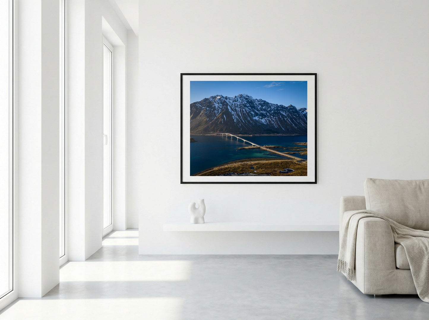 Lofoten Crossing limited edition fine art print in black frame, room mockup