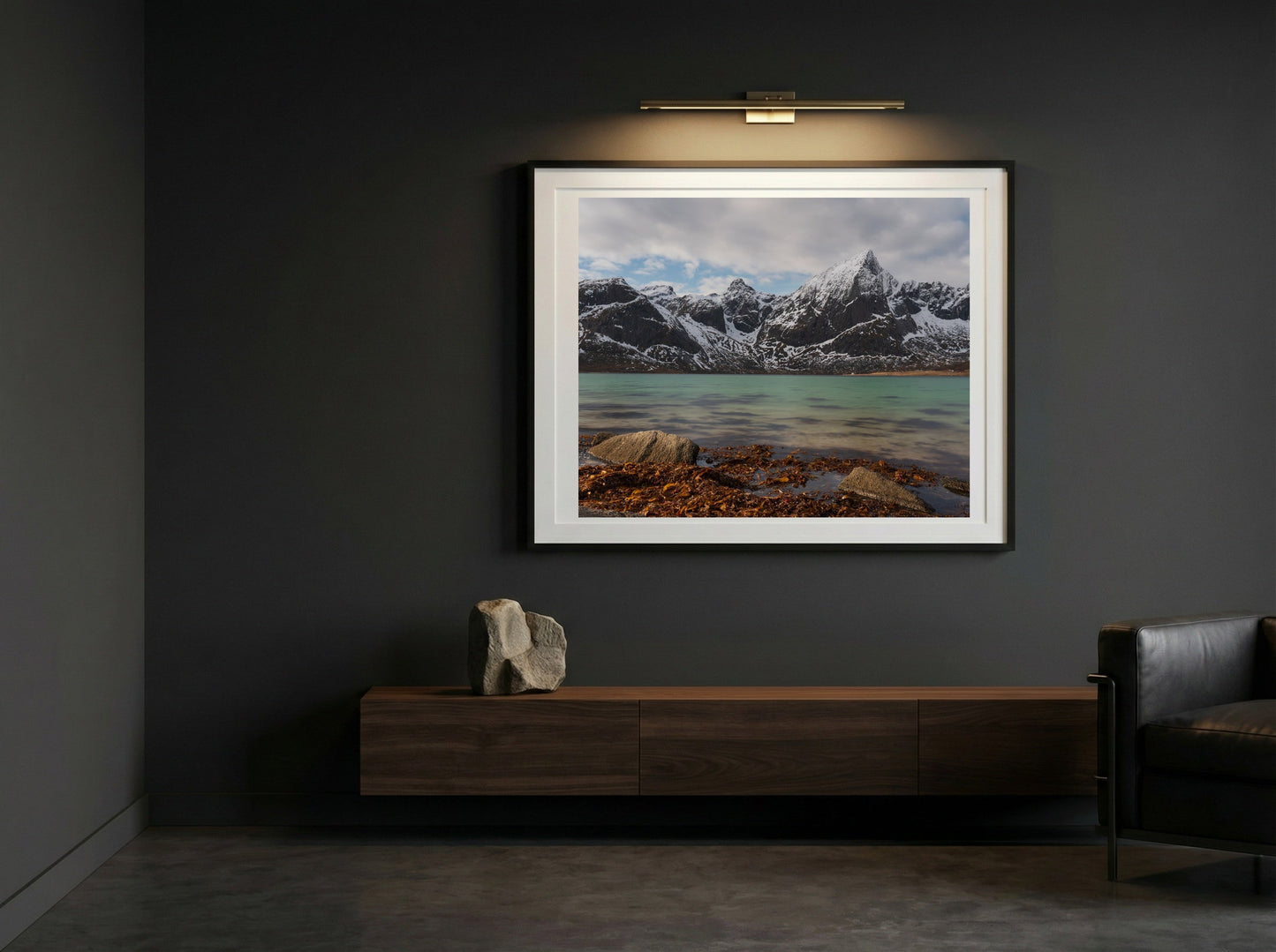 Fjord Peak limited edition fine art print in black frame, room mockup