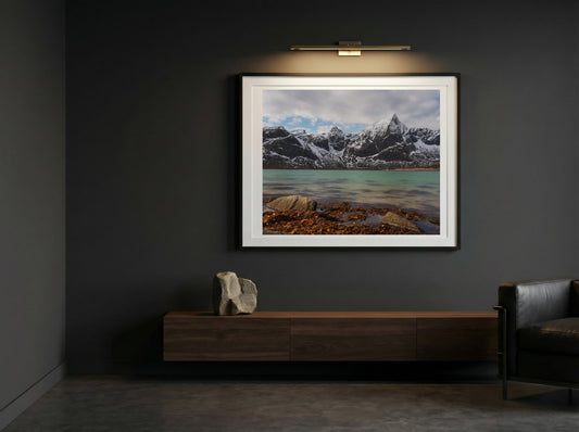 Fjord Peak limited edition fine art print in black frame, room mockup