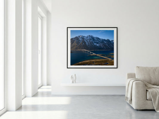 Lofoten Crossing limited edition fine art print in black frame, room mockup
