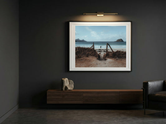Haukland Beach limited edition fine art print in black frame, room mockup