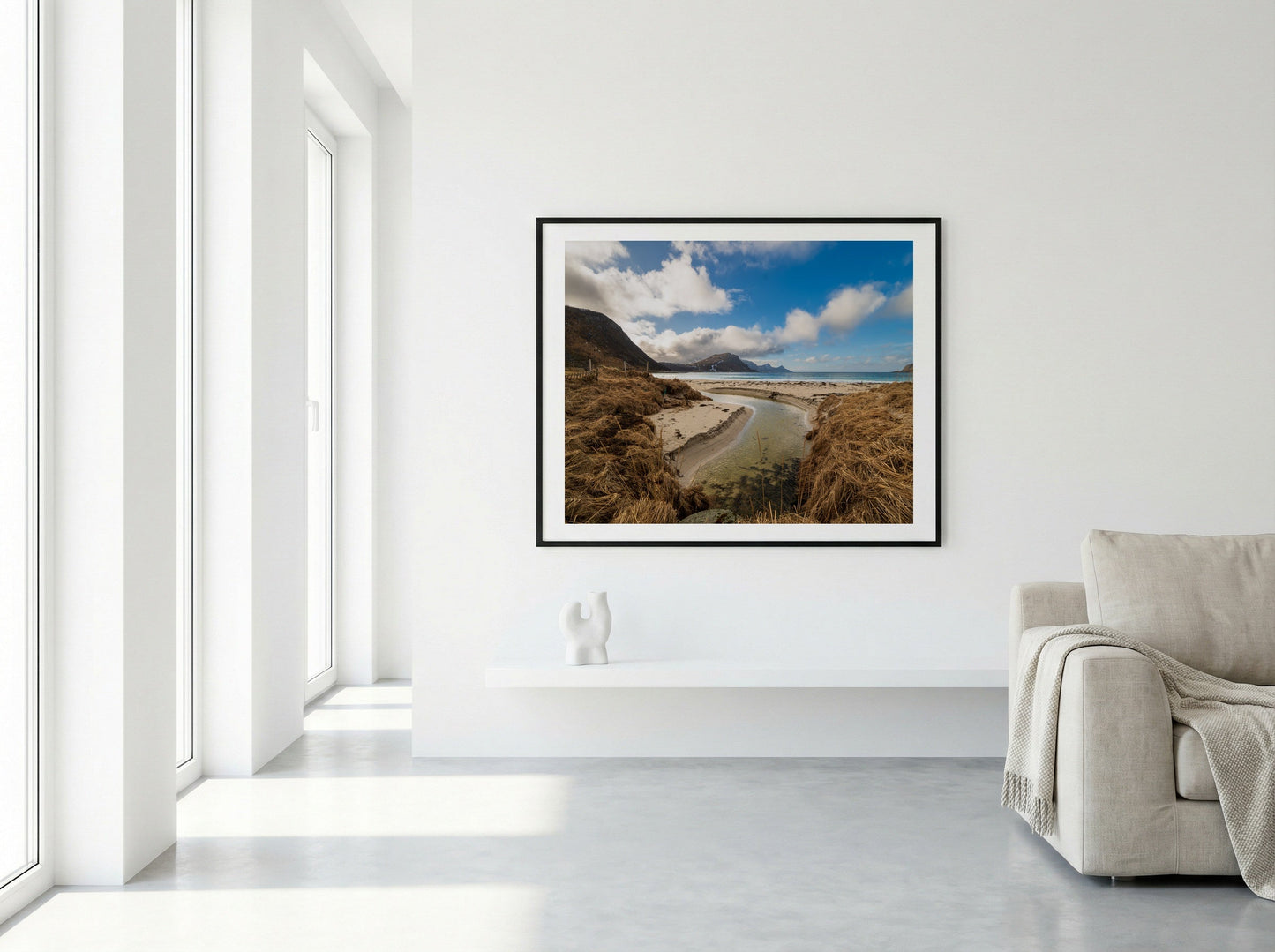Lofoten Dunes limited edition fine art print in black frame, room mockup