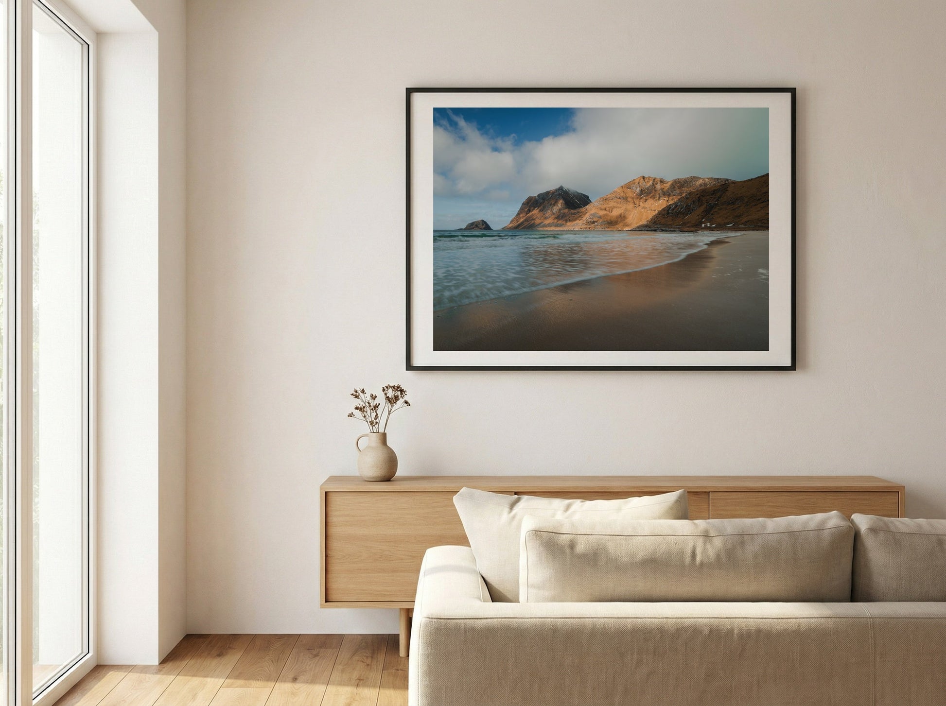 Lofoten Shoreline limited edition fine art print in black frame, room mockup