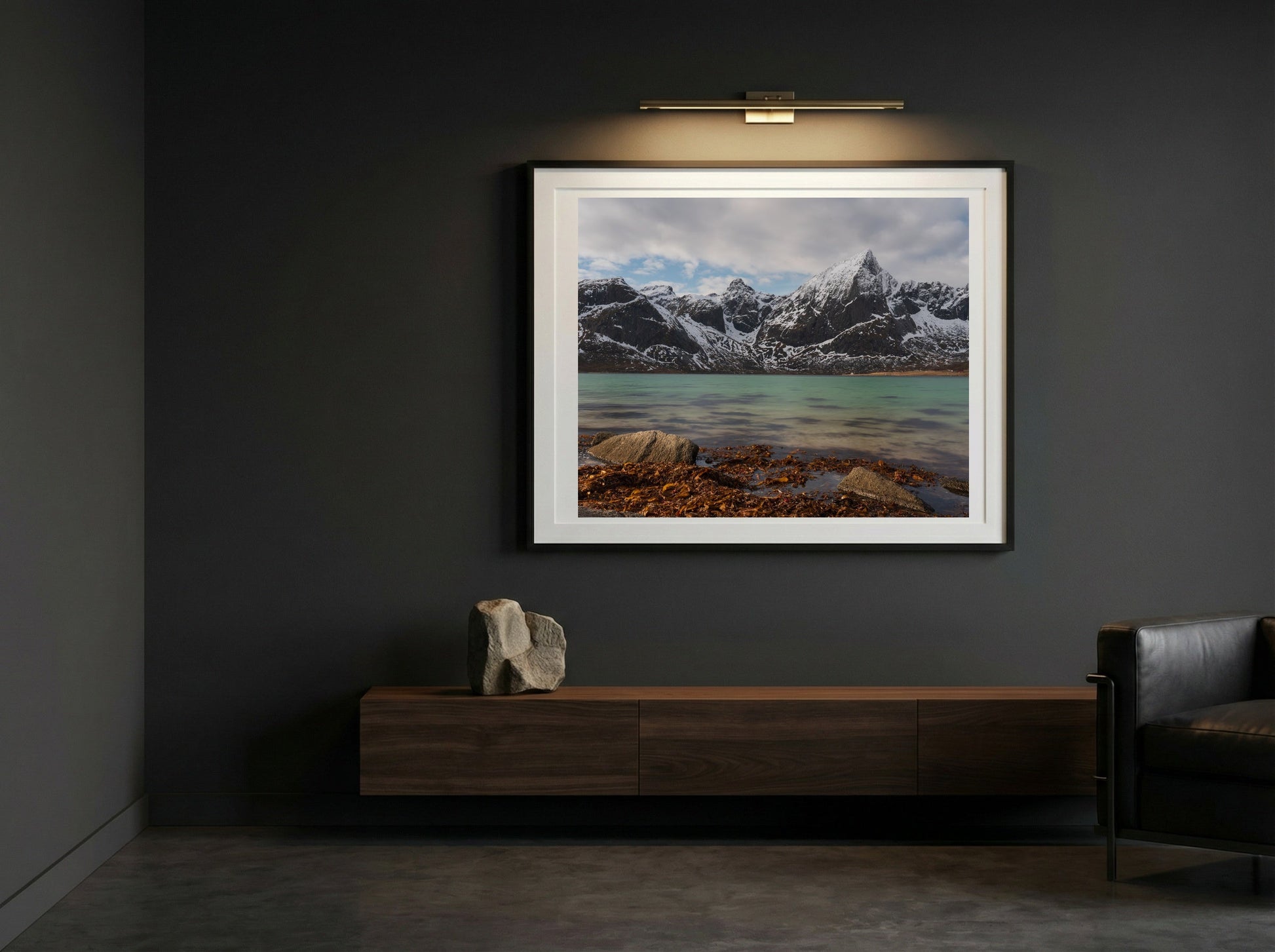 Fjord Peak limited edition fine art print in black frame, room mockup