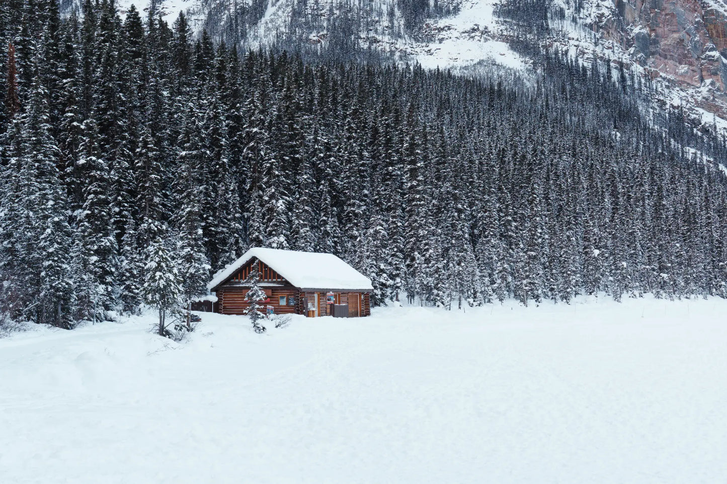 Wooden cabin surrounded by snow with Rocky Mountains and pine trees, Lake Louise, Canada