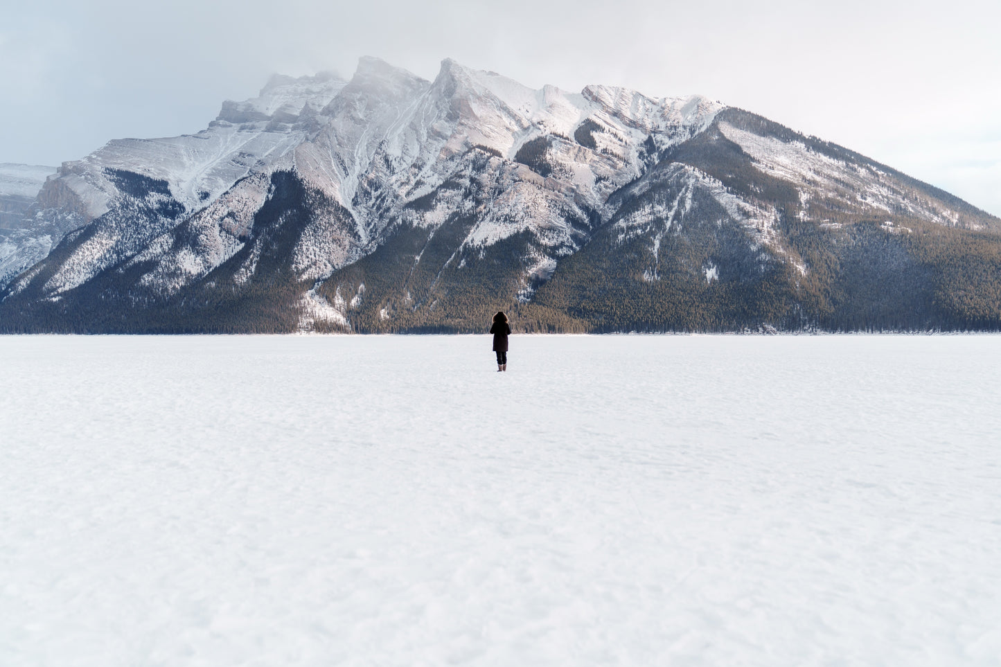 Frozen Lake Minnewanka in winter, Banff, Canada